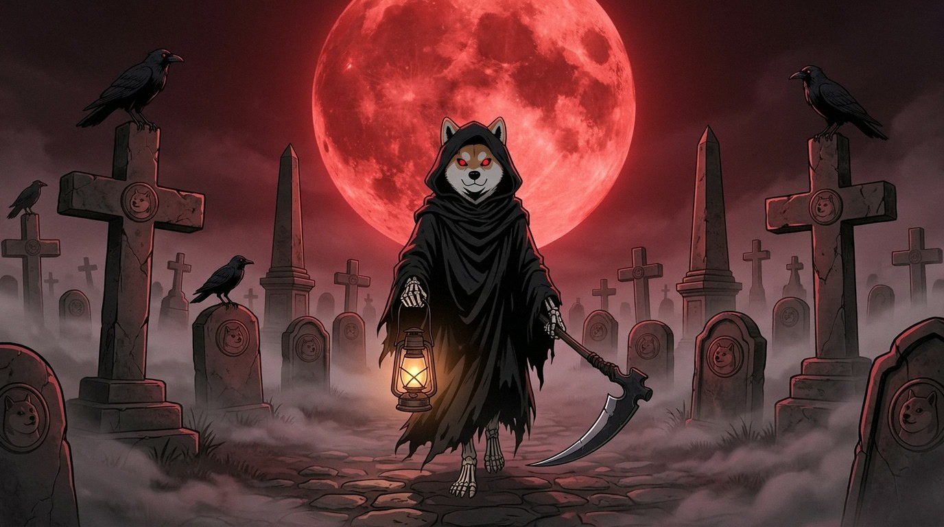 Reaper Inu walking through a misty cemetery under a crimson moon with a lantern and a scythe