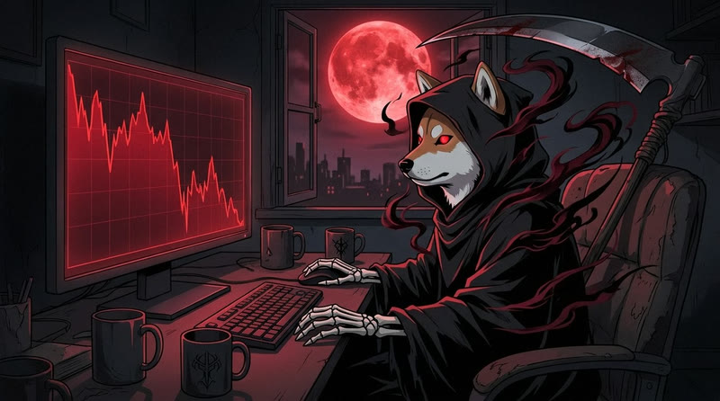 Reaper Inu watching a red chart at night