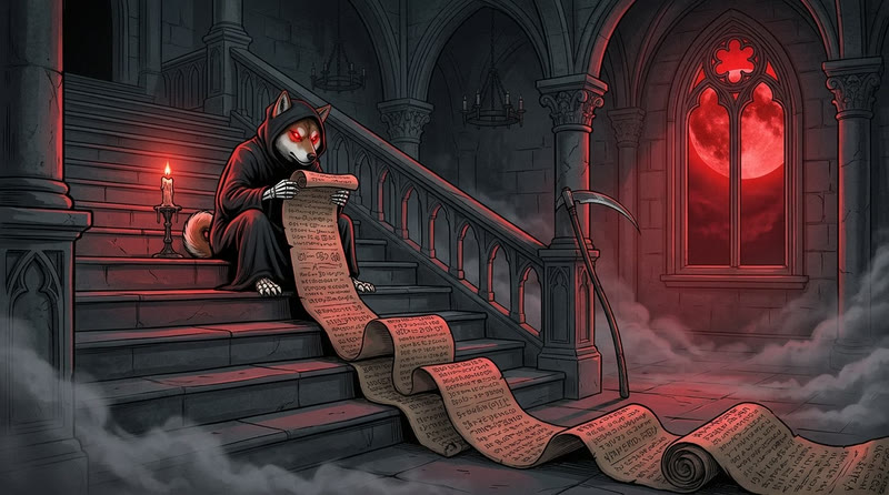 Reaper Inu reading a very long list on the stairs