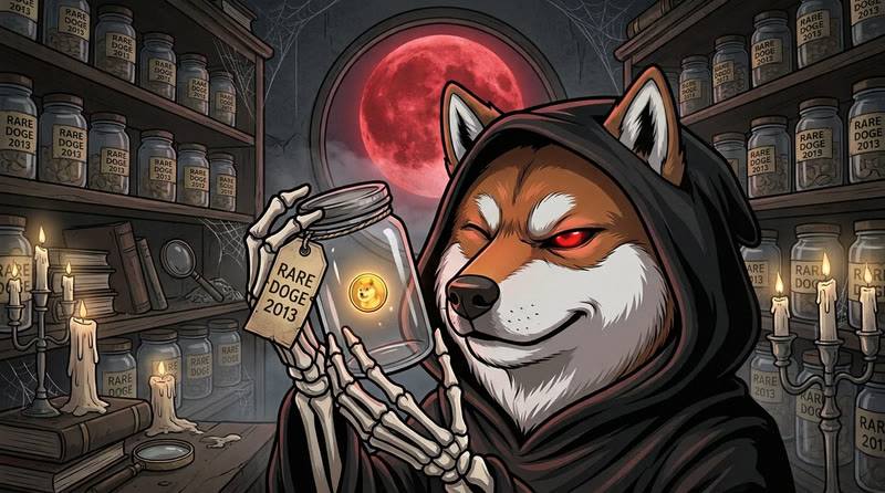 Reaper Inu examining a jar labelled rare doge 2013