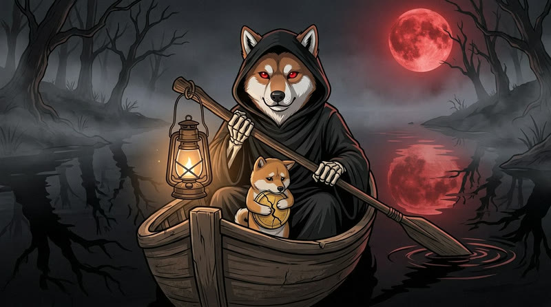Reaper Inu rowing a sad dog holding a cracked coin
