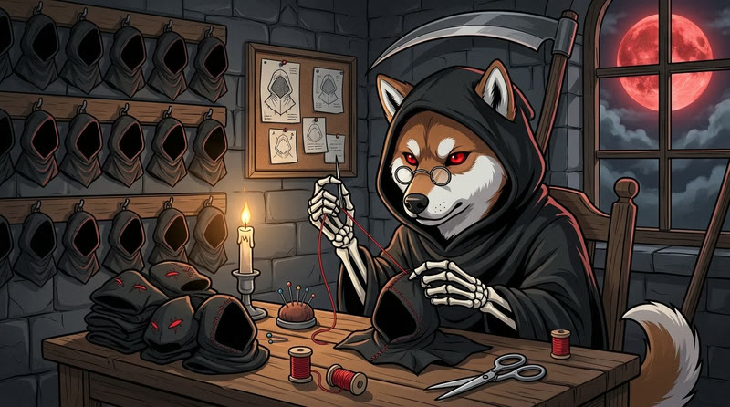 Reaper Inu sewing black hoods by candlelight