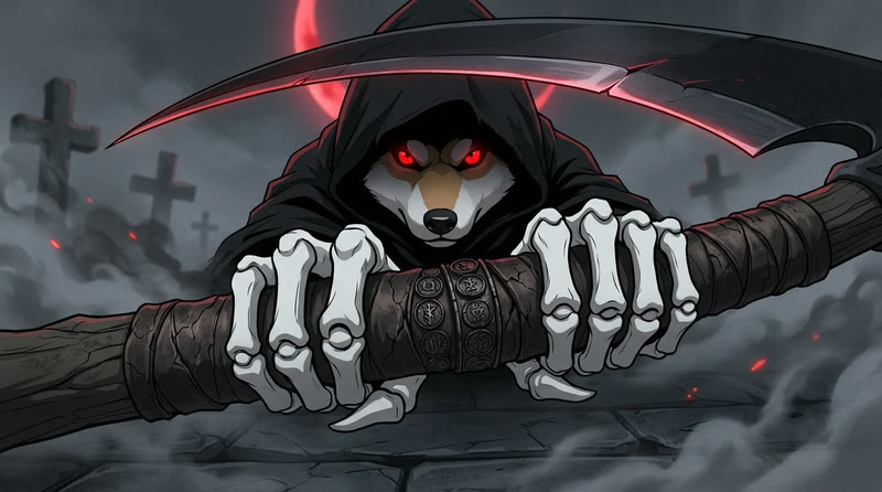 Reaper Inu staring over its scythe