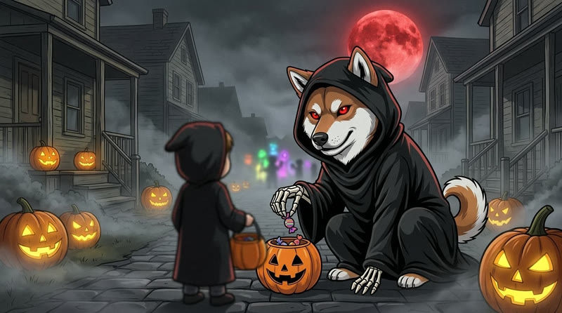 Reaper Inu giving candy to a child on Halloween