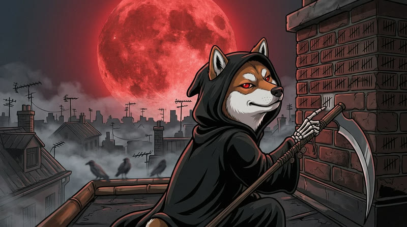 Reaper Inu scratching tally marks on a chimney under a red moon