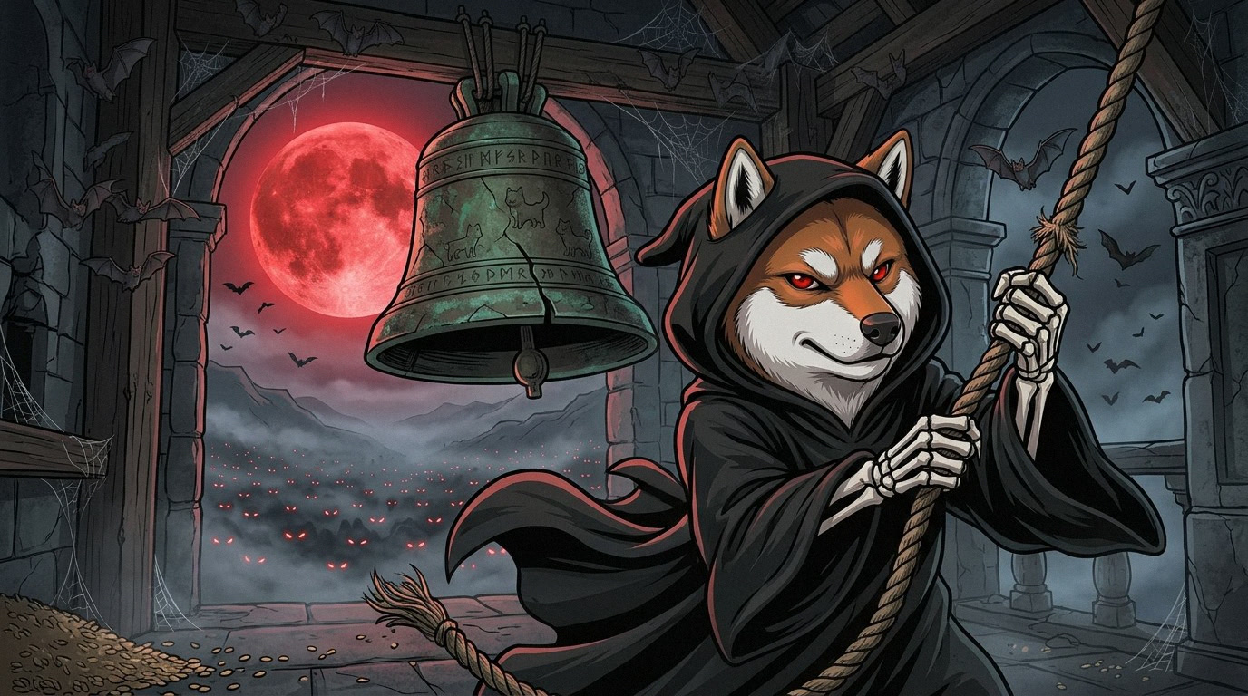 Reaper Inu ringing a bell in a stone tower as a valley of red eyes answers